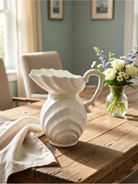Belleek 1950’s Irish Cream Ceramic Double Shell Textured Pitcher Creamer 4 inch